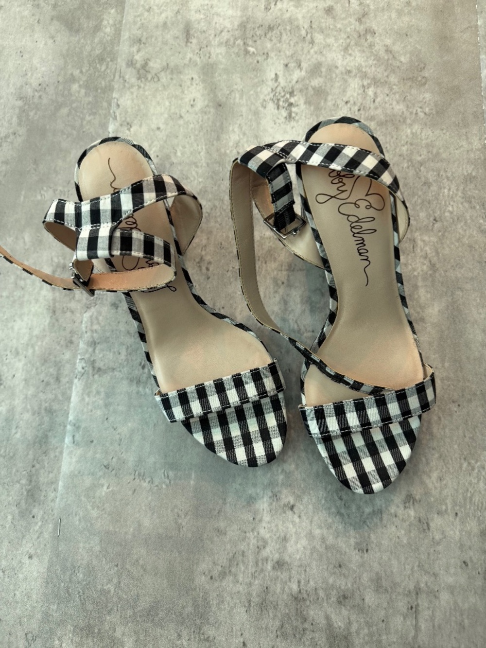 Libby Edelman Black White Check Gingham Platform Strappy Sandal Block Heels 8